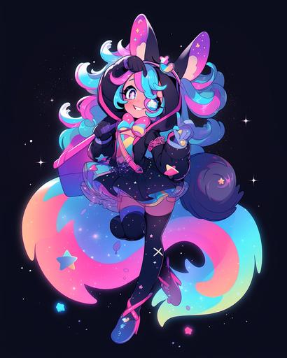 Colorful, hyper detailed character design, centered, kawaii squirrel, character, cartoon, digital art, full body image, lofi aesthetic, nebula themed, rainbow swirling contrating with dark, fantasy outfit --q 5 --ar 4:5 --niji 5