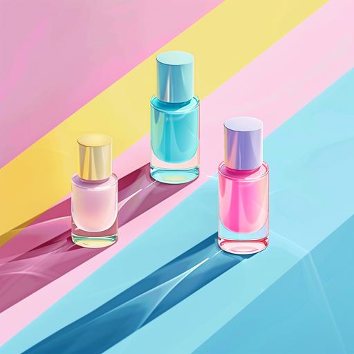 Colorful nail polish bottles, fashion trendy illustration. realistic high resolution, pastel colors 12:9