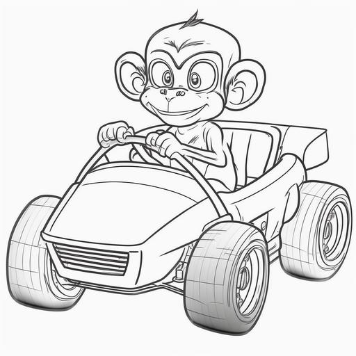 A cute monkey driving a race car for a coloring book with white background - ar 17:22