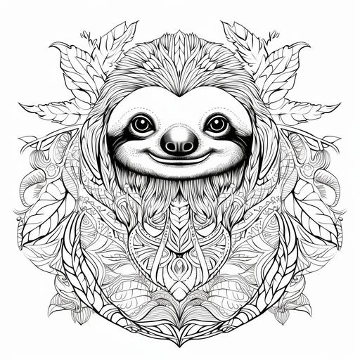 Coloring Page for Adults, mandala, Animal image [sloth on tree], white background, clean line Art, fine line art HD