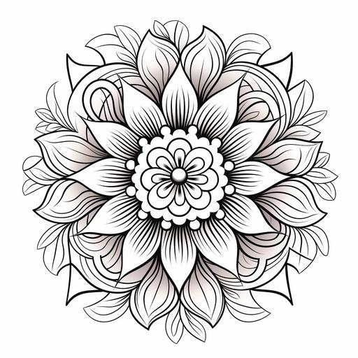 Coloring book Mandala Flowers, coloring book page with white background, prominent flower centered on white background, high resolution details, 3d art