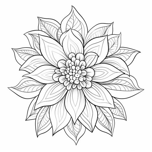 Coloring book Mandala Flowers, coloring book page with white background, prominent flower centered on white background, high resolution details,