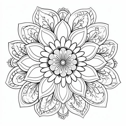 Coloring book Mandala Flowers, coloring book page with white background, prominent flower centered on white background, high resolution details,