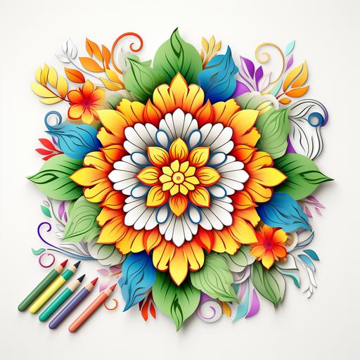 Coloring book Mandala Flowers, coloring book page with white background, prominent flower centered on white background, high resolution details, 3d art