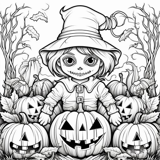 Coloring book for teens, halloween theme, pumpkin patch with scarecrow, mandala style, cartoon style, thick lines, no shading, low detail , only lines, no color