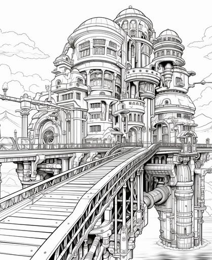 Coloring book page, black and white, steampunk look, elevated bridges connecting a steampunk building high above the city, cartoon style, thick lines, low detail and no shading --ar 9:11
