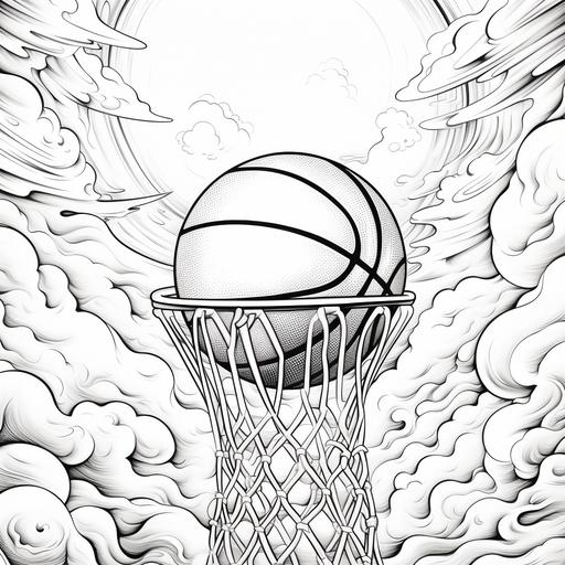 Coloring book page, minimal detail, black and white, basketball