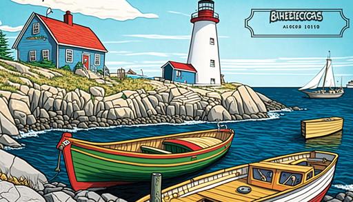 Coloring book page of Peggy's Cove fishing village on a bright and sunny summer day with border, small boats in the harbour with white lighthouse in the background --ar 16:9