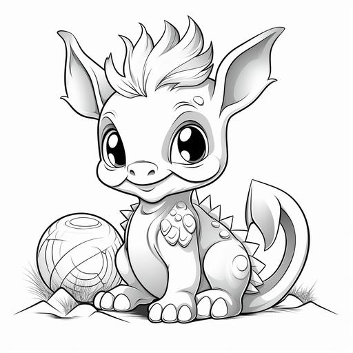 Coloring book pages, cute baby dragon, ball, cartoon style, thick lines, low detail, no shading