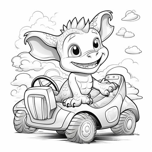 Coloring book pages, cute baby dragon drive car, cartoon style, thick lines, many small details, no shading
