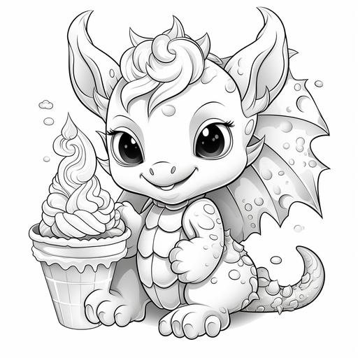 Coloring book pages, cute baby dragon eats ice cream , cartoon style, thick lines, many small details, no shading