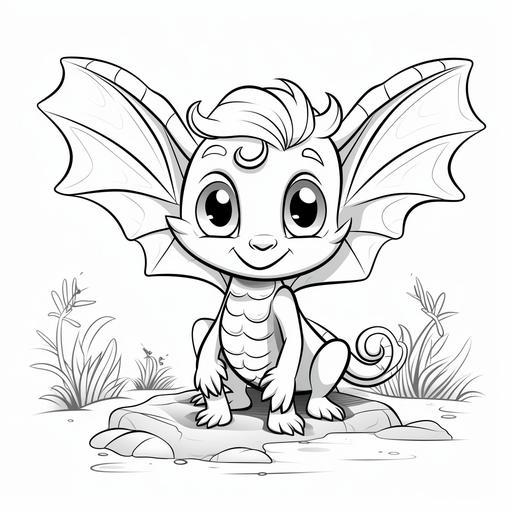 Coloring book pages, cute baby dragon fly, cartoon style, thick lines, many small details, no shading