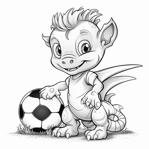 Coloring book pages, cute baby dragon plays football, cartoon style, thick lines, many small details, no shading
