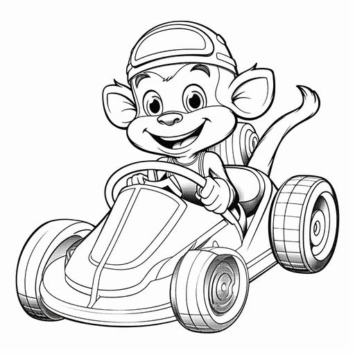 coloring page for kids, a cute monkey driving a race car, disney style, simple outline and shapes