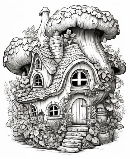 Coloring page for adult, Acorn Cottage - A cozy little home nestled inside a large acorn, cartoon style, thick line, low detail, no shading --ar 9:11