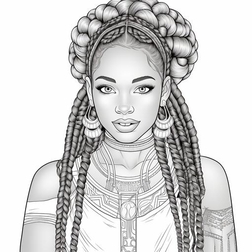 Coloring page for adults, black girl with braids,cartoon style, thick lines, low detail, no shading--AR 9:11