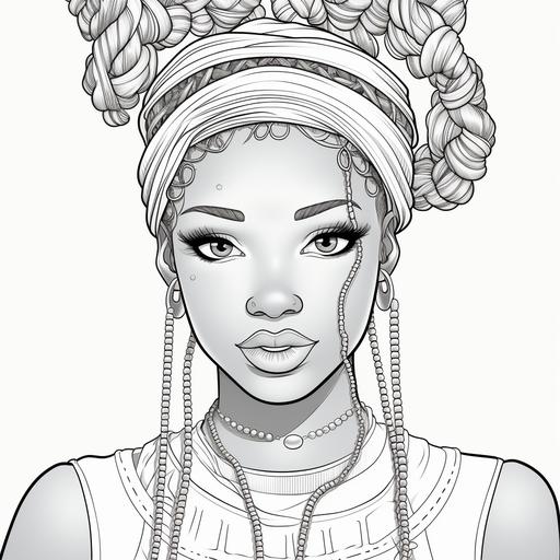 Coloring page for adults, black girl with braids,cartoon style, thick lines, low detail, no shading--AR 9:11
