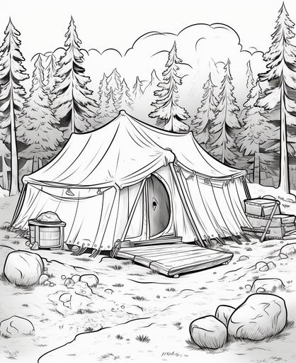 Coloring page for children, Explorer's Camp, cartoon style, bold line, no low detail shades --ar 9:11