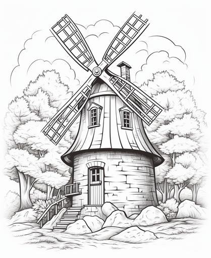 Coloring page for children, Forest Windmill, cartoon style, bold line, no low detail shades --ar 9:11