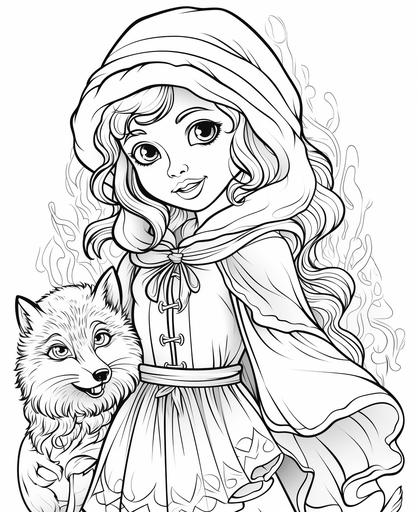 Coloring page for children, Wolves and Little Red Riding Hood, cartoon style, bold line, no low detail shades --ar 9:11