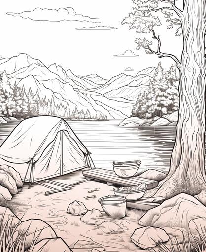 Coloring page for children, camping beside lake, cartoon style, bold line, no low detail shades --ar 9:11