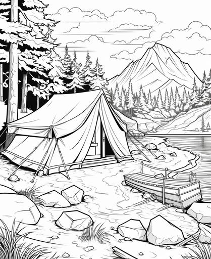 Coloring page for children, camping beside lake, cartoon style, bold line, no low detail shades --ar 9:11