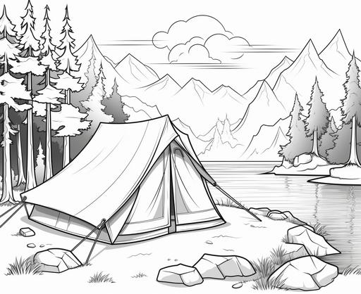 Coloring page for children, camping beside lake, cartoon style, bold line, simple details --ar 11:9