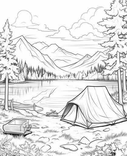 Coloring page for children, camping beside lake, cartoon style, bold line, no low detail shades --ar 9:11