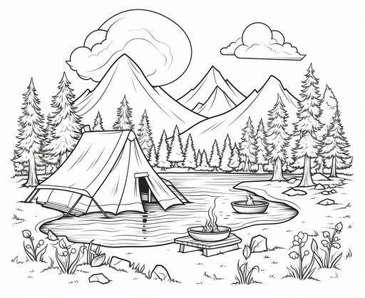 Coloring page for children, camping beside lake, cartoon style, bold line, simple details --ar 11:9