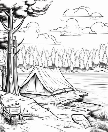 Coloring page for children, camping beside lake, cartoon style, bold line, no low detail shades --ar 9:11