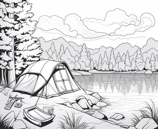 Coloring page for children, camping beside lake, cartoon style, bold line, no low detail shades --ar 11:9