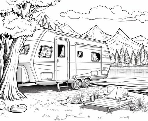 Coloring page for children, camping beside lake, cartoon style, bold line, no low detail shades --ar 11:9