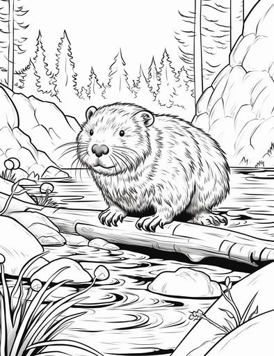 Coloring page for kids, A beaver building a dam in a tranquil river, cartoon style, thick lines, low detail, black and white, no shading --ar 85:110