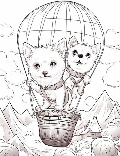 Coloring page for kids, A dog and a cat going on a colorful hot air balloon ride, cartoon style, thick lines, low detail, black and white, no shading --ar 85:110