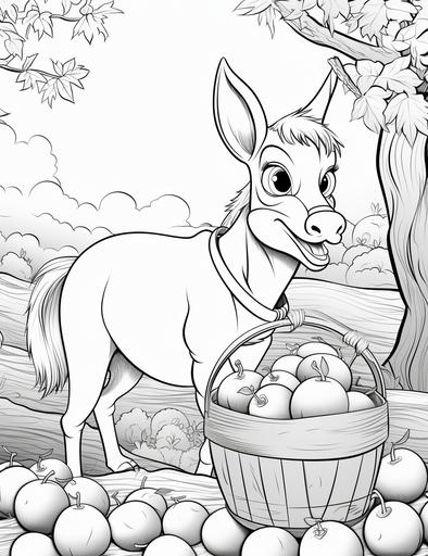 Coloring page for kids, A donkey carrying baskets of apples, cartoon style, thick lines, low detail, black and white, no shading --ar 85:110