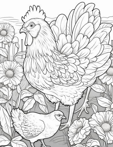 Coloring page for kids, A family of chickens exploring a sunflower field, cartoon style, thick lines, low detail, black and white, no shading --ar 85:110