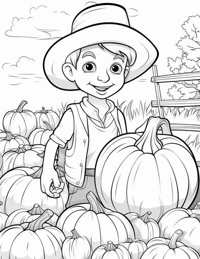 Coloring page for kids, A farmer harvesting ripe pumpkins, cartoon style, thick lines, low detail, black and white, no shading --ar 85:110