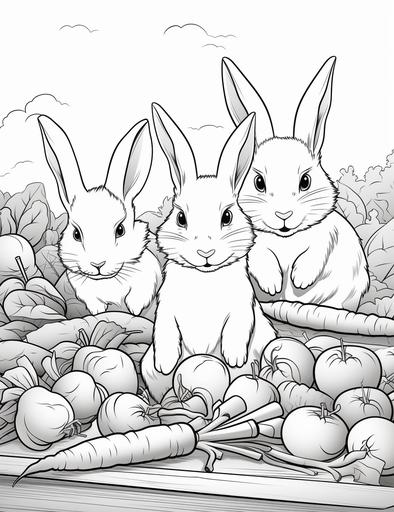 Coloring page for kids, A group of bunnies munching on carrots, cartoon style, thick lines, low detail, black and white, no shading --ar 85:110