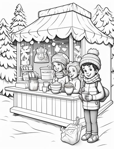 Coloring page for kids, A hot cocoa stand with kids enjoying warm drinks, cartoon style, thick lines, low detail, black and white, no shading --ar 85:110