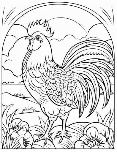 Coloring page for kids, A rooster crowing at sunrise, cartoon style, thick lines, low detail, black and white, no shading --ar 85:110