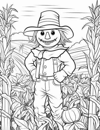 Coloring page for kids, A scarecrow guarding a field of corn, cartoon style, thick lines, low detail, black and white, no shading --ar 85:110