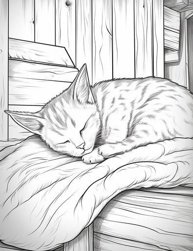 Coloring page for kids, A sleepy cat napping in the warm barn, cartoon style, thick lines, low detail, black and white, no shading --ar 85:110