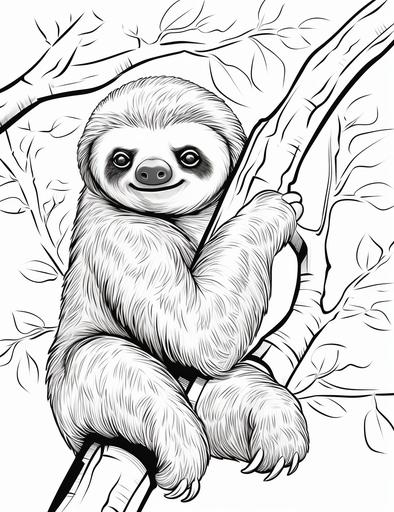 Coloring page for kids, A sloth hanging lazily from a tree branch, cartoon style, thick lines, low detail, black and white, no shading --ar 85:110