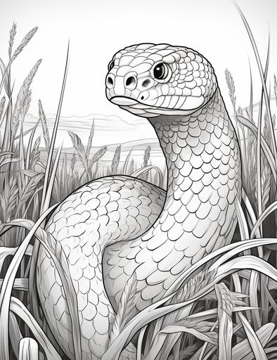 Coloring page for kids, A snake in tall grass, cartoon style, thick lines, low detail, black and white, no shading --ar 85:110