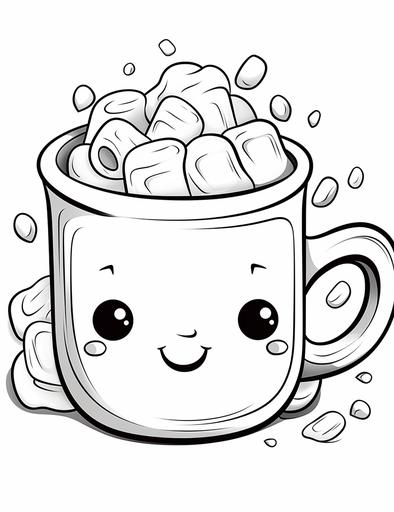 Coloring page for kids, A steaming mug of hot cocoa with marshmallows, cartoon style, thick lines, low detail, black and white, no shading --ar 85:110