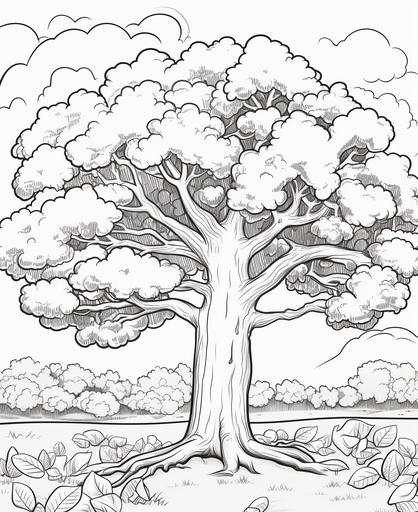 Coloring page for kids, An oak tree with acorns falling, cartoon style, thick lines, low detail, shading, --ar 9:11