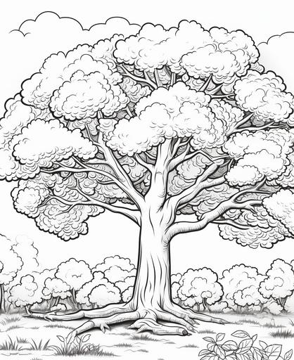 Coloring page for kids, An oak tree with acorns falling, cartoon style, thick lines, low detail, shading, --ar 9:11