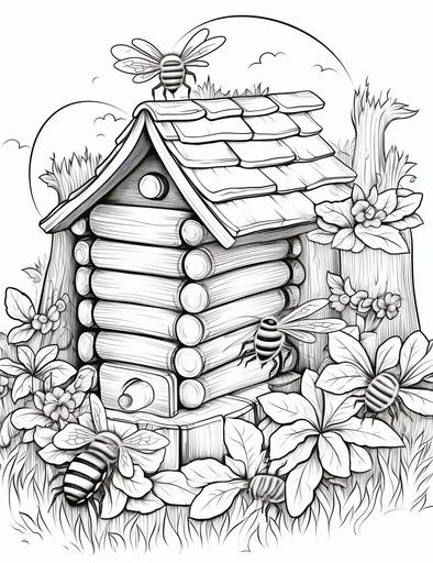 Coloring page for kids, Bees buzzing around a beehive, cartoon style, thick lines, low detail, black and white, no shading --ar 85:110