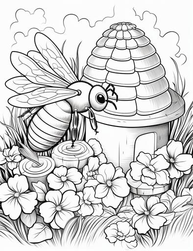 Coloring page for kids, Bees buzzing around a beehive, cartoon style, thick lines, low detail, black and white, no shading --ar 85:110