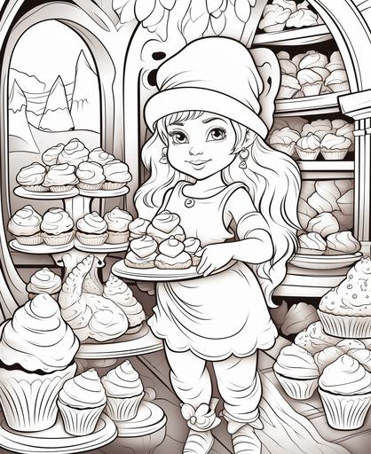 Coloring page for kids, Coloring a fairy bakery, Cartoon Style, Low Detail, Thick Line, Various magical pastries, with fairy bakers --ar 9:11